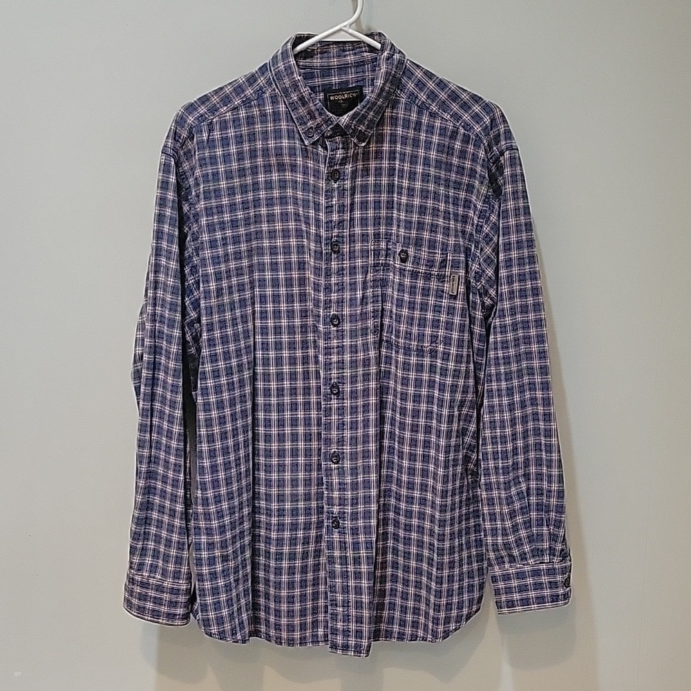 WOOLRICH men's 100% cotton plaid long-sleeved button-down shirt. XL